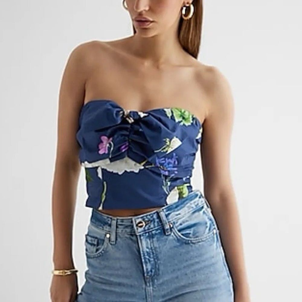 Express Floral Printed Cropped‎ Strapless Top Small Blue nwt